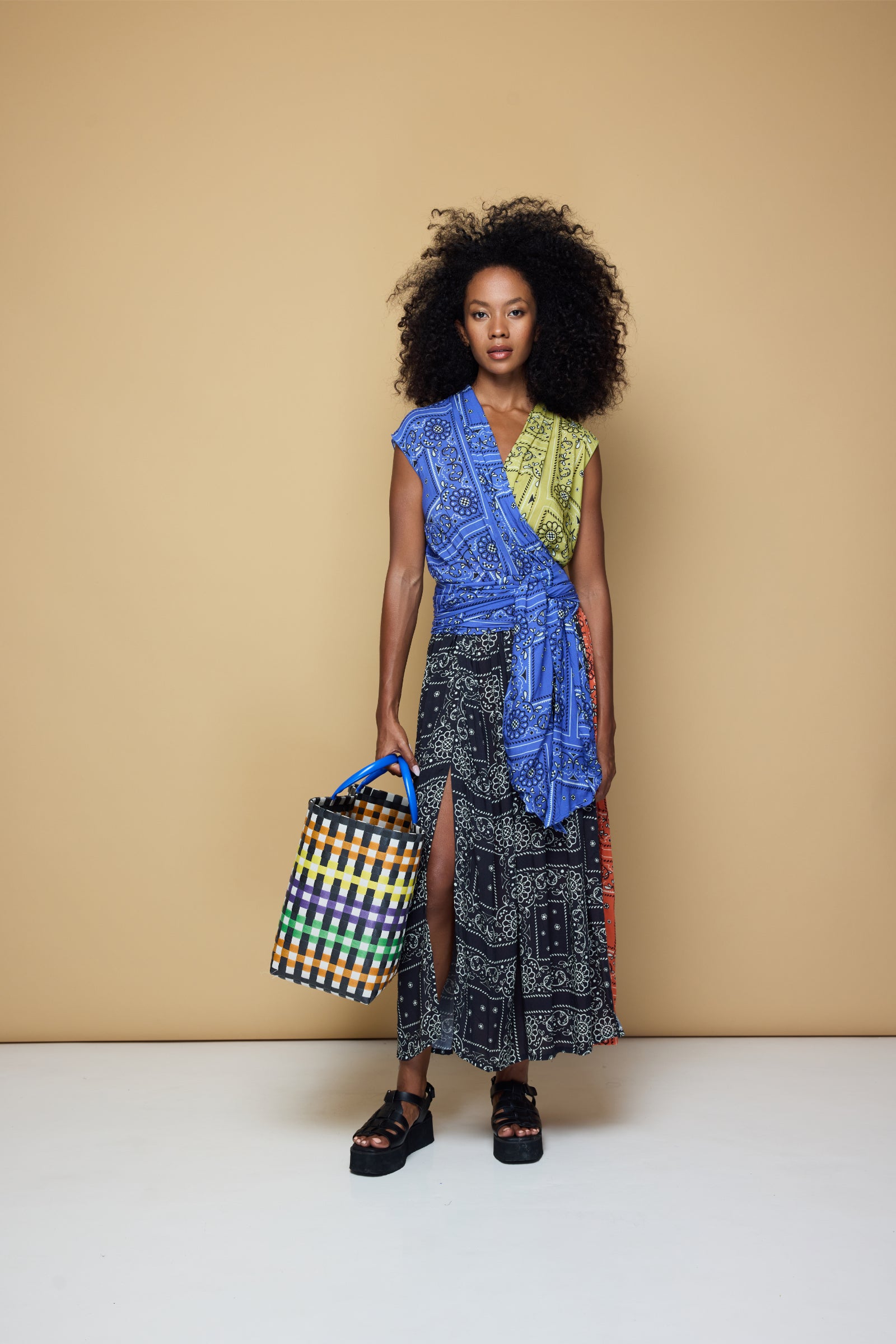 THE POINT DRESS MAXI - PATCHWORK BANDANA BLUE/LIME/BLACK/BLOOD ORANGE