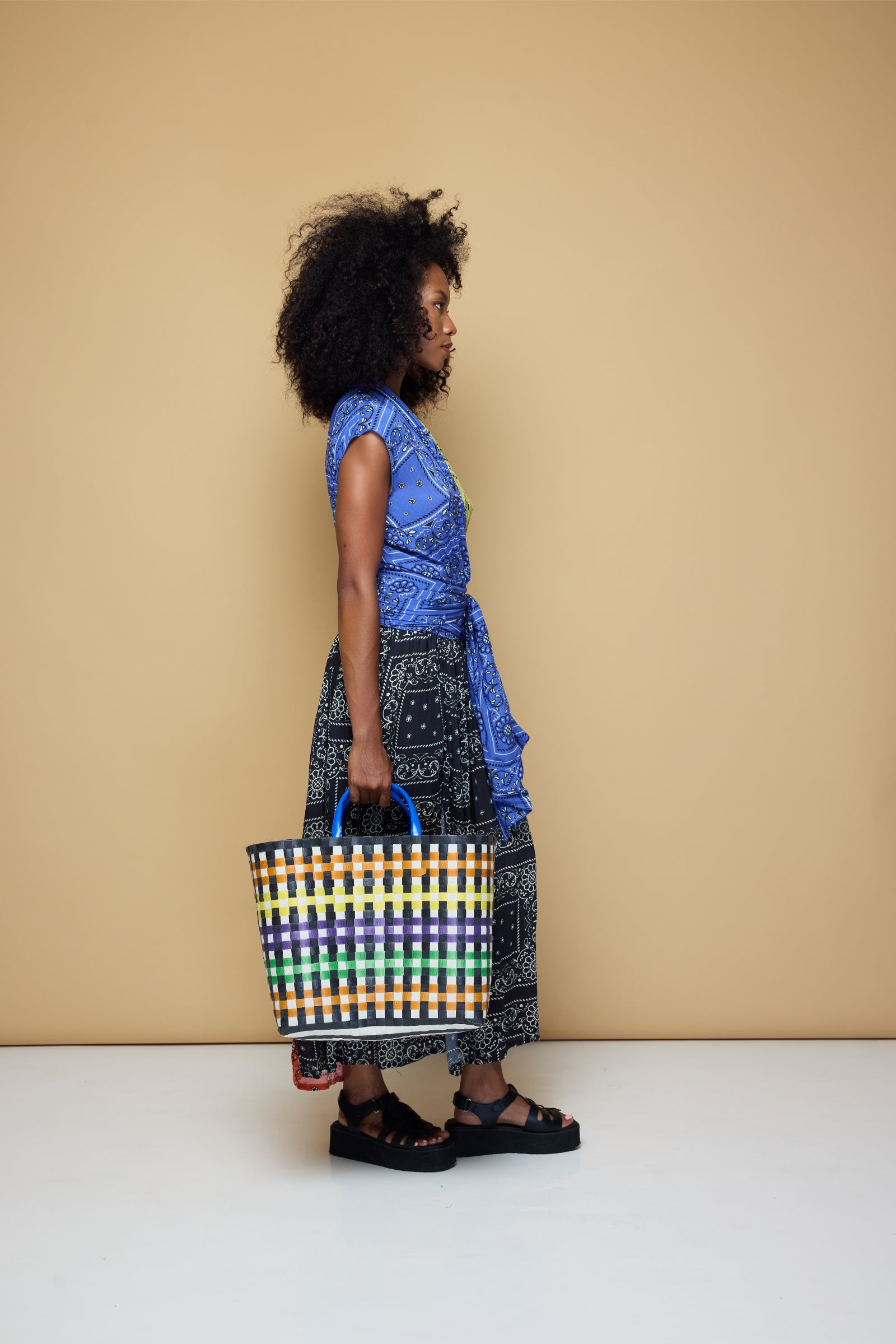 THE POINT DRESS MAXI - PATCHWORK BANDANA BLUE/LIME/BLACK/BLOOD ORANGE
