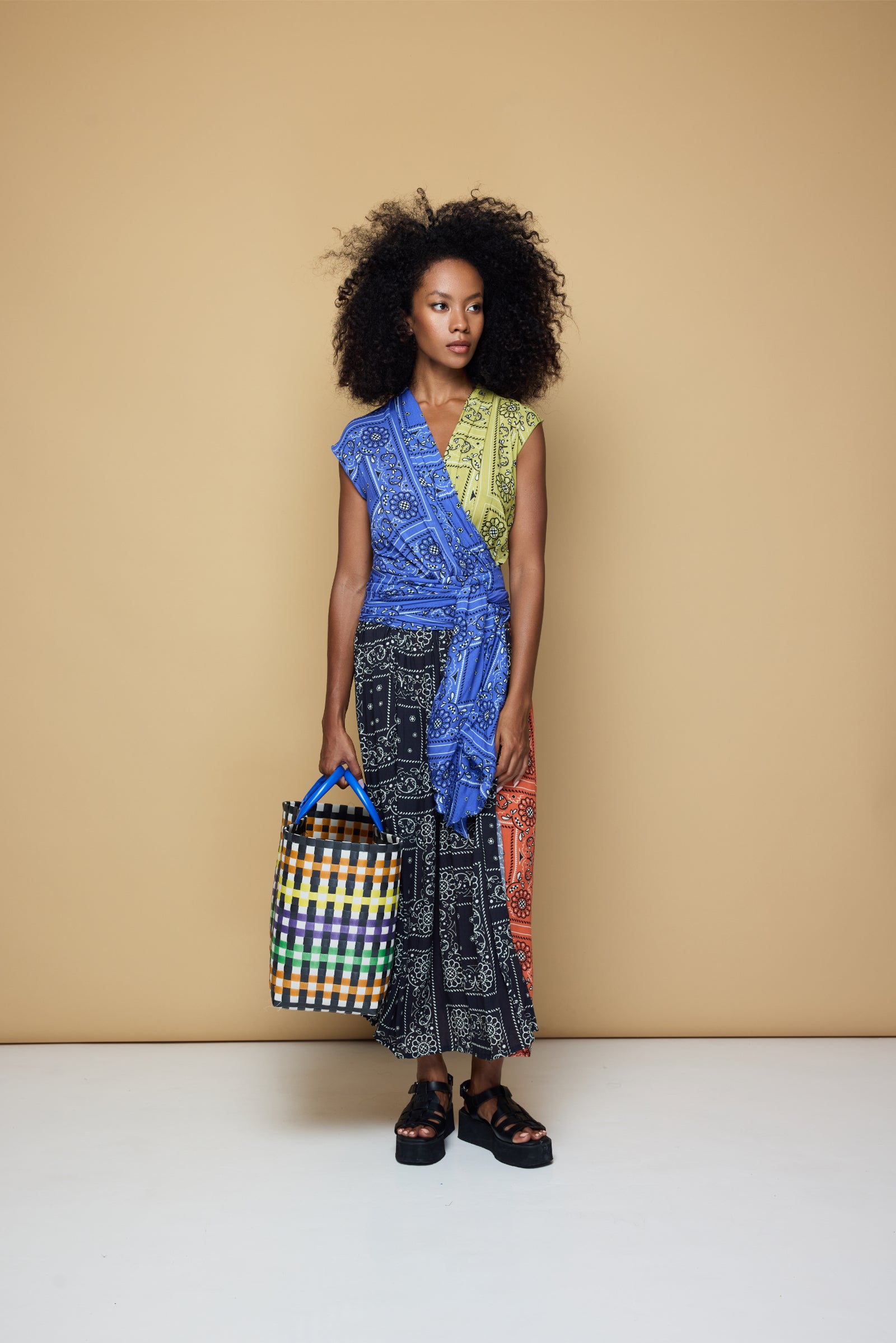 THE POINT DRESS MAXI - PATCHWORK BANDANA BLUE/LIME/BLACK/BLOOD ORANGE
