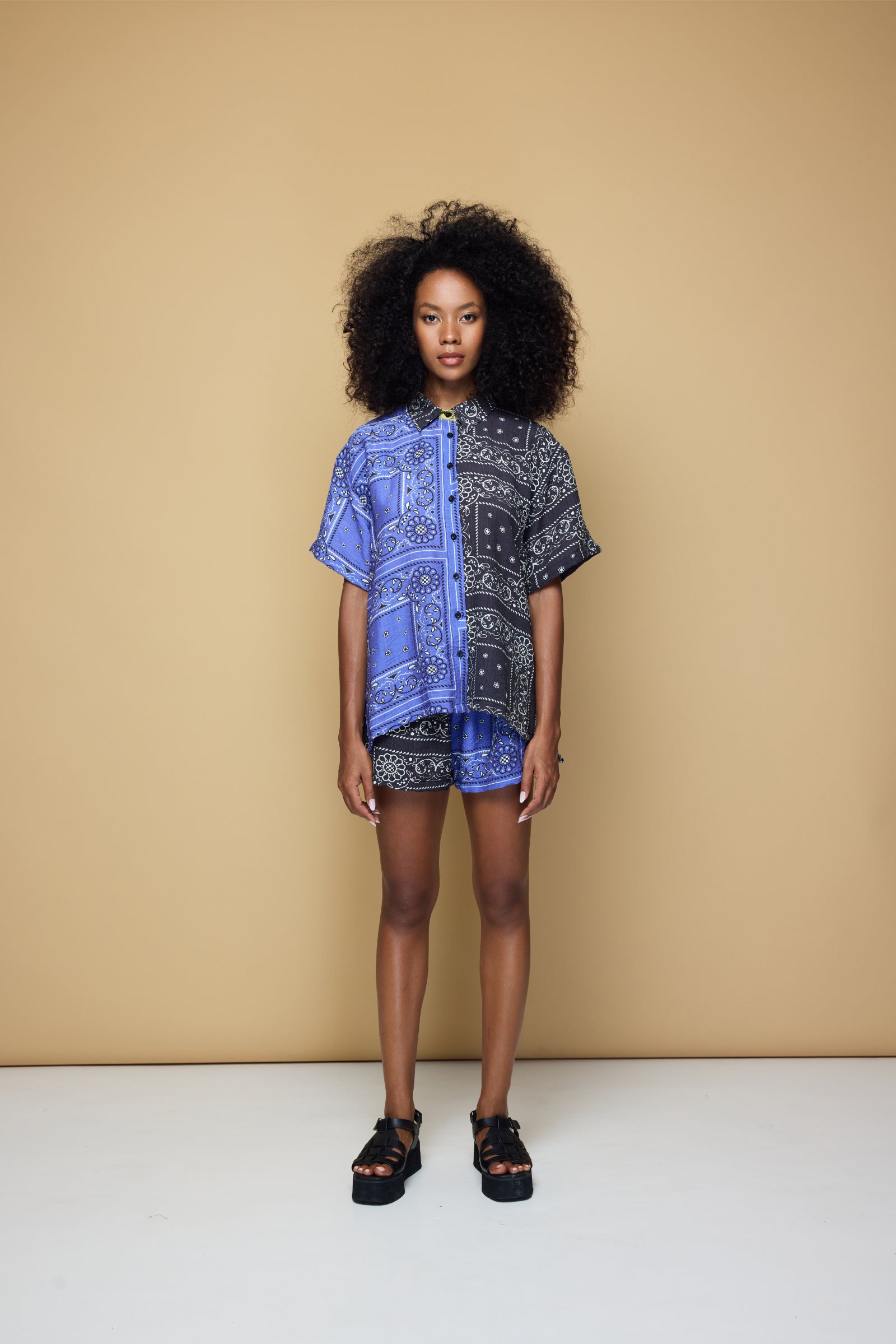 PATCHWORK SALLY SHIRT - PATCHWORK BANDANA STATE PRINT BLUE/BLACK/LIME