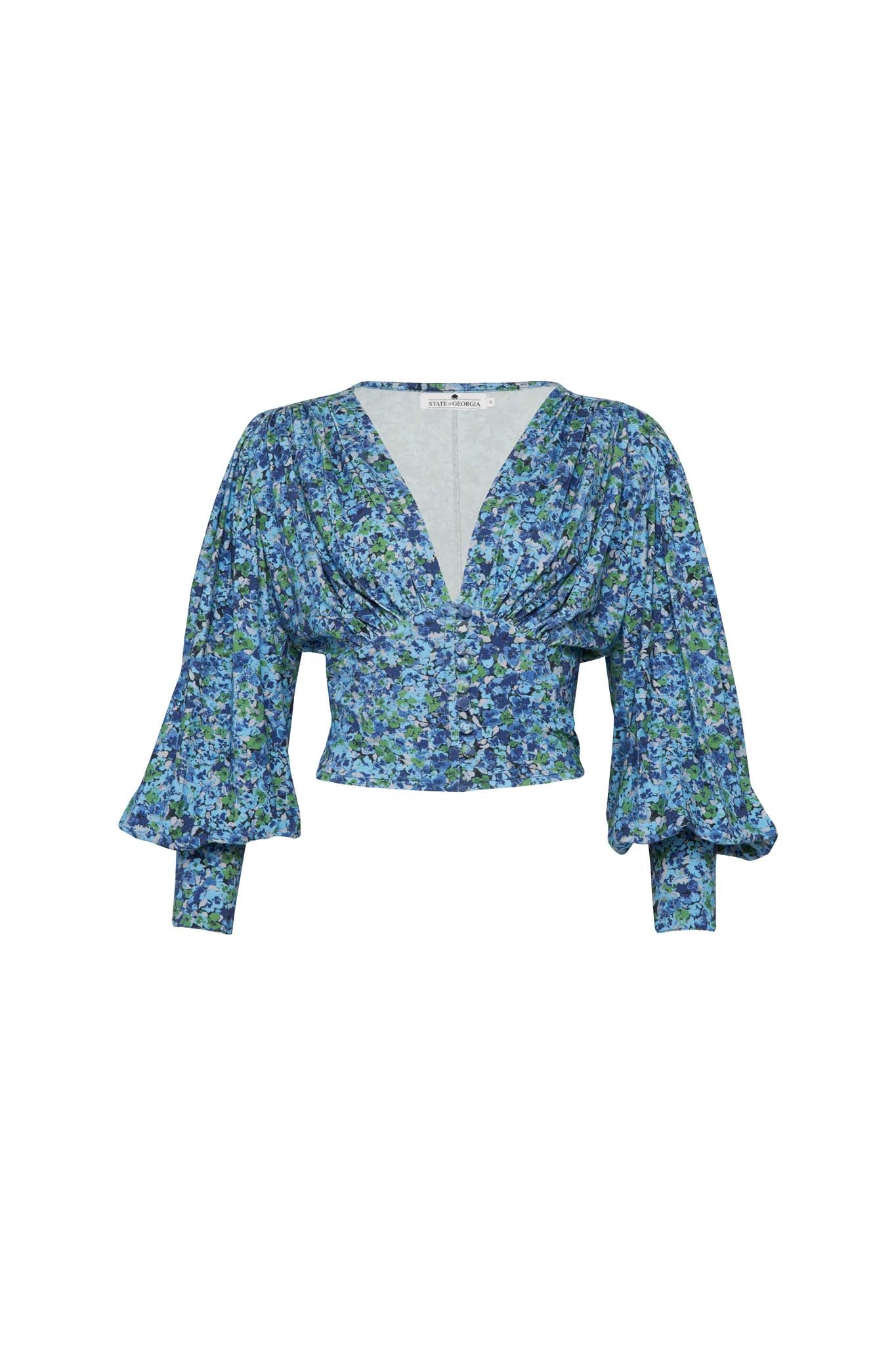 BOWIE BUTTON UP TOP - Floral Explosion Blue